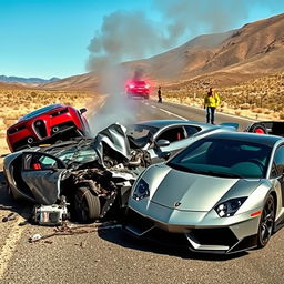 A dramatic scene depicting a severe car crash involving a Bugatti, Lamborghini, and Porsche