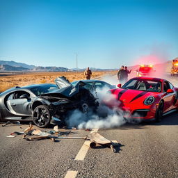 A dramatic scene depicting a severe car crash involving a Bugatti, Lamborghini, and Porsche