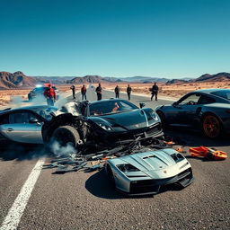 A dramatic scene depicting a severe car crash involving a Bugatti, Lamborghini, and Porsche