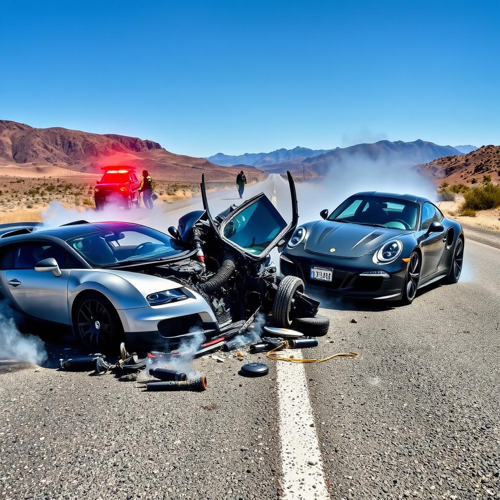 A dramatic scene depicting a severe car crash involving a Bugatti, Lamborghini, and Porsche