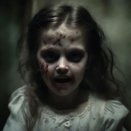 A spine-chilling scene of a demonic little girl with haunting features, casting an eerie presence over a terrified woman.