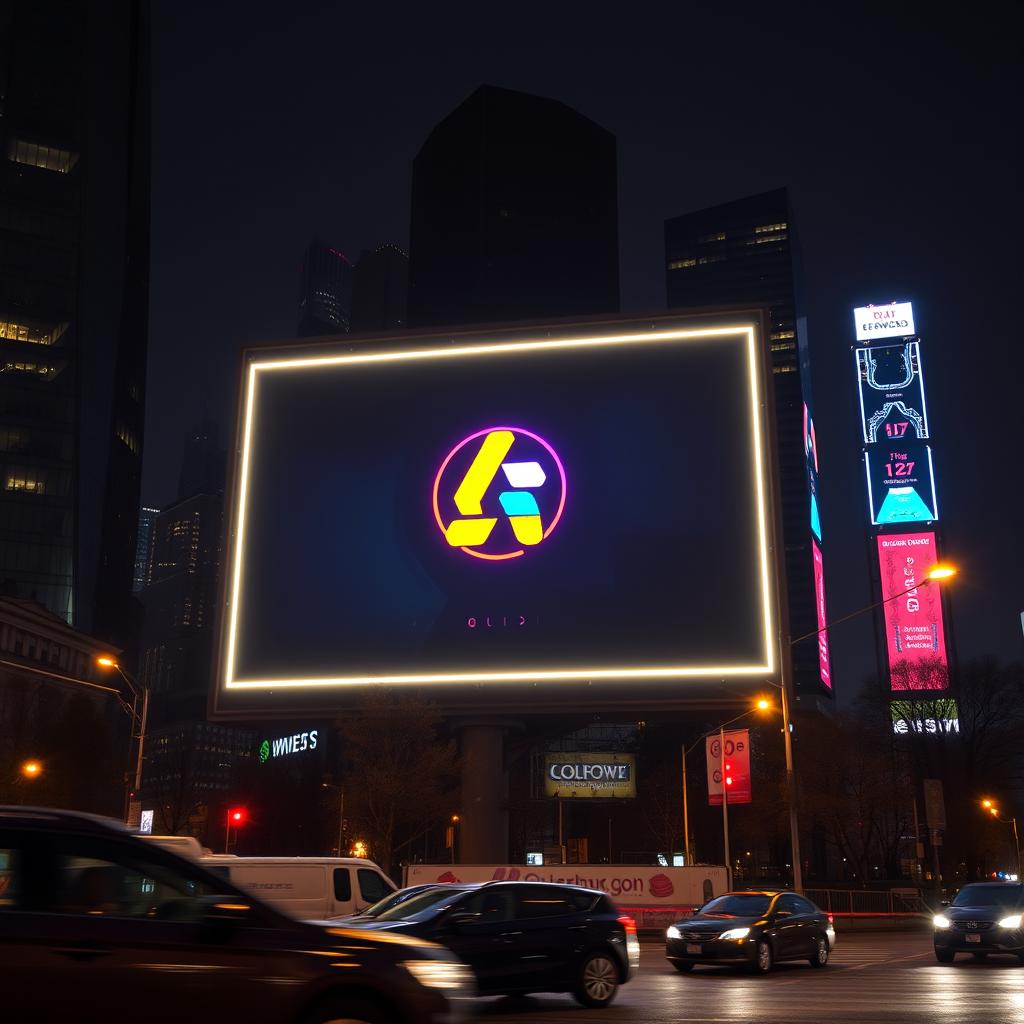 A large, illuminated billboard featuring a specific logo prominently displayed in the center, surrounded by a dynamic cityscape at night