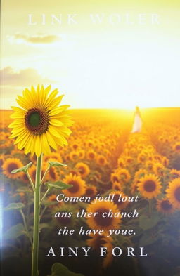 A captivating book cover depicting a vast sunflower field glowing under the warm light of a sunrise