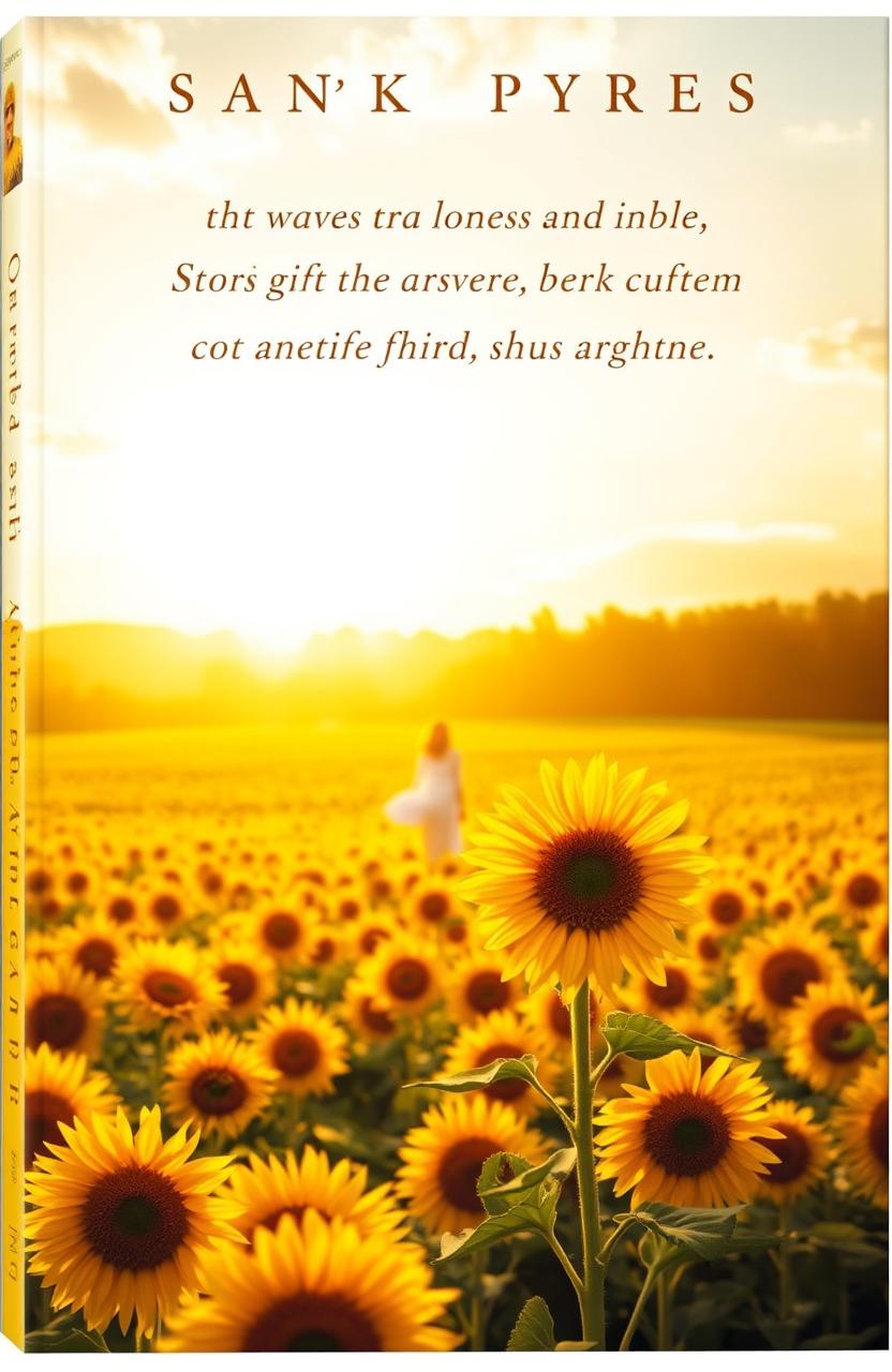A captivating book cover depicting a vast sunflower field glowing under the warm light of a sunrise