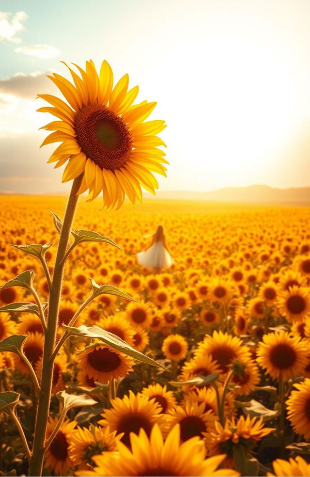 A captivating book cover depicting a vast sunflower field glowing under the warm light of a sunrise