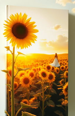 A captivating book cover depicting a vast sunflower field glowing under the warm light of a sunrise