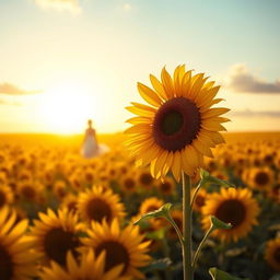 A beautiful book cover illustrating a vast sunflower field illuminated by the warm light of a sunrise