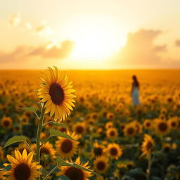 A beautiful book cover illustrating a vast sunflower field illuminated by the warm light of a sunrise