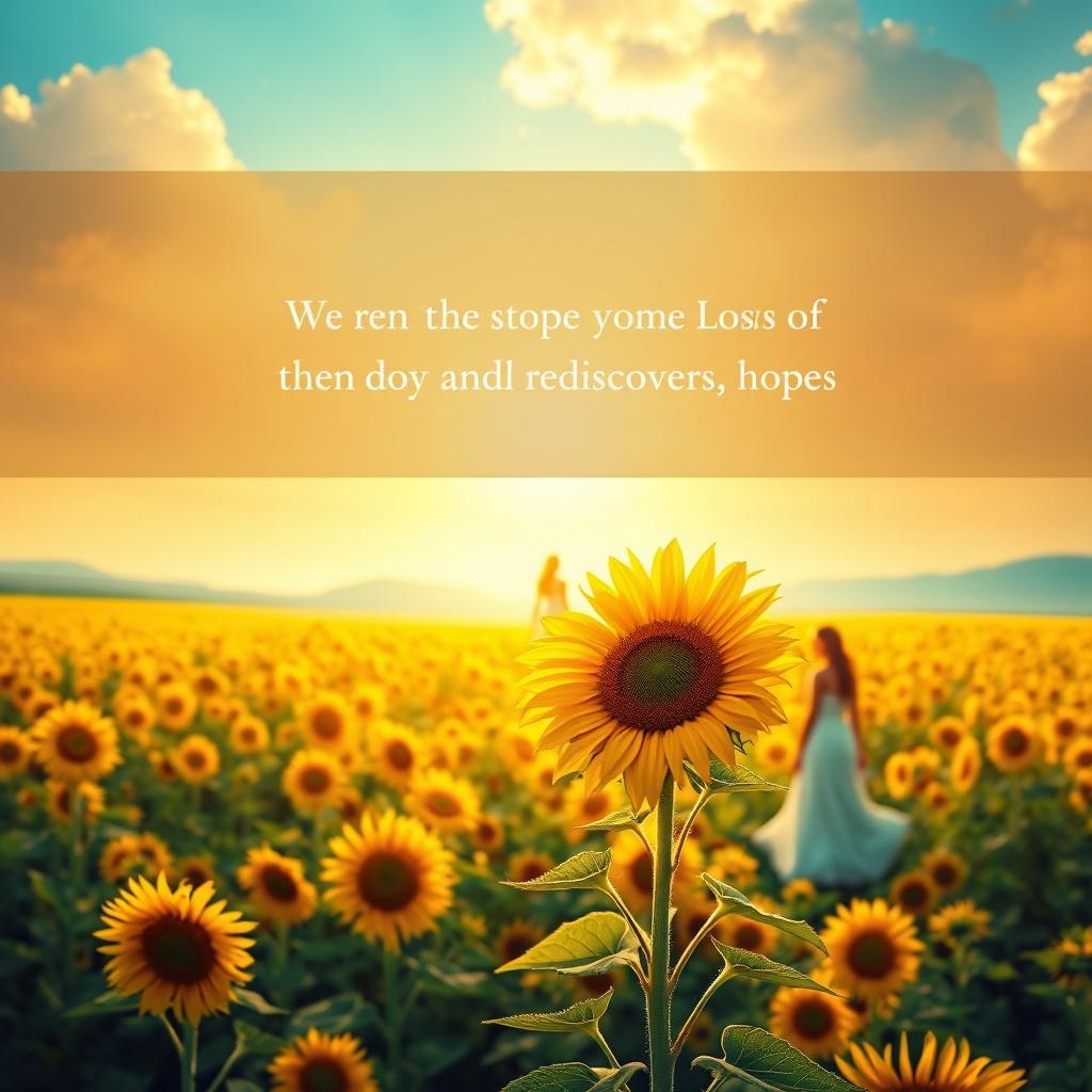 A beautiful book cover illustrating a vast sunflower field illuminated by the warm light of a sunrise