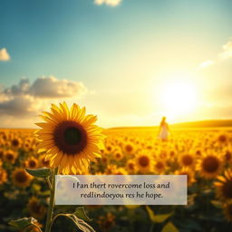 A beautiful book cover illustrating a vast sunflower field illuminated by the warm light of a sunrise