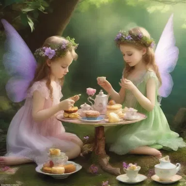 In the magical land of Zephyria, the fairies gathered for their enchanted afternoon tea, feasting on delicate sandwiches and sipping on fragrant tea.