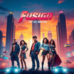 A vibrant and eye-catching movie poster featuring a futuristic cityscape at sunset, with towering skyscrapers illuminated by neon lights