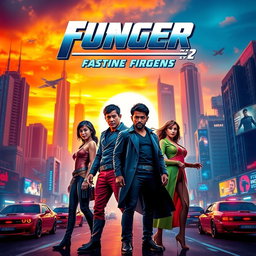 A vibrant and eye-catching movie poster featuring a futuristic cityscape at sunset, with towering skyscrapers illuminated by neon lights