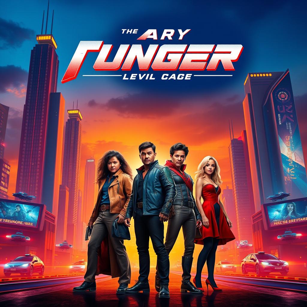 A vibrant and eye-catching movie poster featuring a futuristic cityscape at sunset, with towering skyscrapers illuminated by neon lights