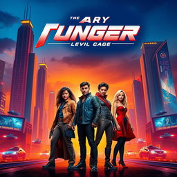 A vibrant and eye-catching movie poster featuring a futuristic cityscape at sunset, with towering skyscrapers illuminated by neon lights