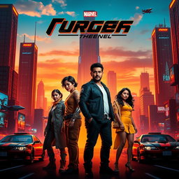 A vibrant and eye-catching movie poster featuring a futuristic cityscape at sunset, with towering skyscrapers illuminated by neon lights