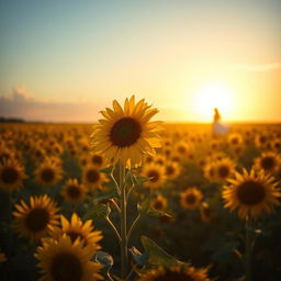 A serene book cover showcasing a vast sunflower field bathed in the warm light of a sunrise