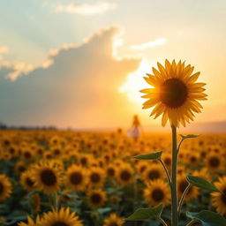 A serene book cover showcasing a vast sunflower field bathed in the warm light of a sunrise