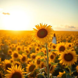 A serene book cover showcasing a vast sunflower field bathed in the warm light of a sunrise