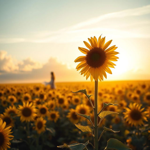 A serene book cover showcasing a vast sunflower field bathed in the warm light of a sunrise