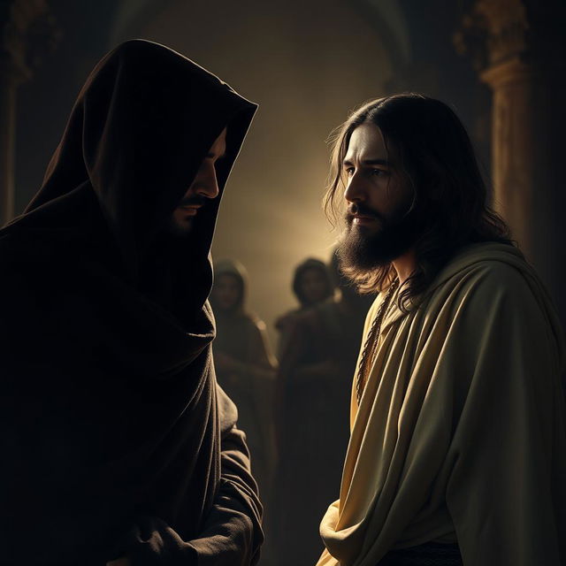 A scene depicting a dramatic confrontation in a historical setting, featuring an enigmatic figure wearing a hooded cloak, casting shadows over a serene Jesus figure