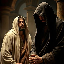 A scene depicting a dramatic confrontation in a historical setting, featuring an enigmatic figure wearing a hooded cloak, casting shadows over a serene Jesus figure