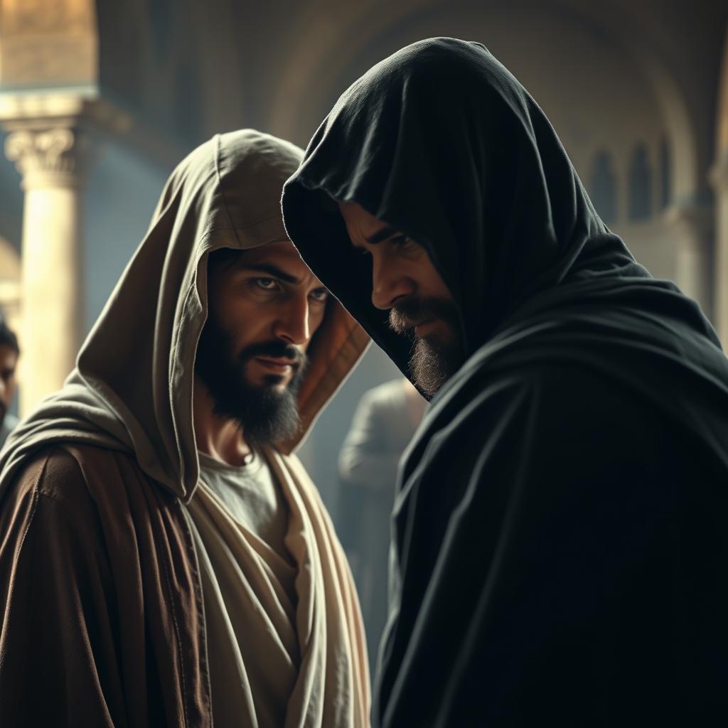 A scene depicting a dramatic confrontation in a historical setting, featuring an enigmatic figure wearing a hooded cloak, casting shadows over a serene Jesus figure