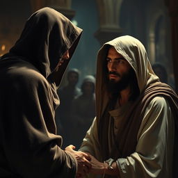 A scene depicting a dramatic confrontation in a historical setting, featuring an enigmatic figure wearing a hooded cloak, casting shadows over a serene Jesus figure