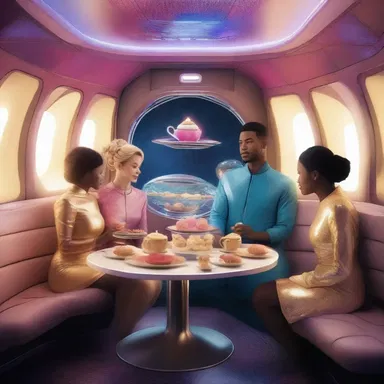 In the year 3021, aboard the intergalactic spaceship, the crew members relaxed during their break, enjoying a virtual afternoon tea experience with holographic tea and futuristic cakes.
