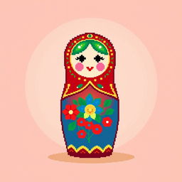 A vibrant pixel art depiction of a traditional Matryoshka Russian doll, showcasing its intricate designs and colors