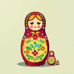 A vibrant pixel art depiction of a traditional Matryoshka Russian doll, showcasing its intricate designs and colors