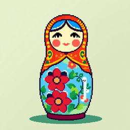 A vibrant pixel art depiction of a traditional Matryoshka Russian doll, showcasing its intricate designs and colors