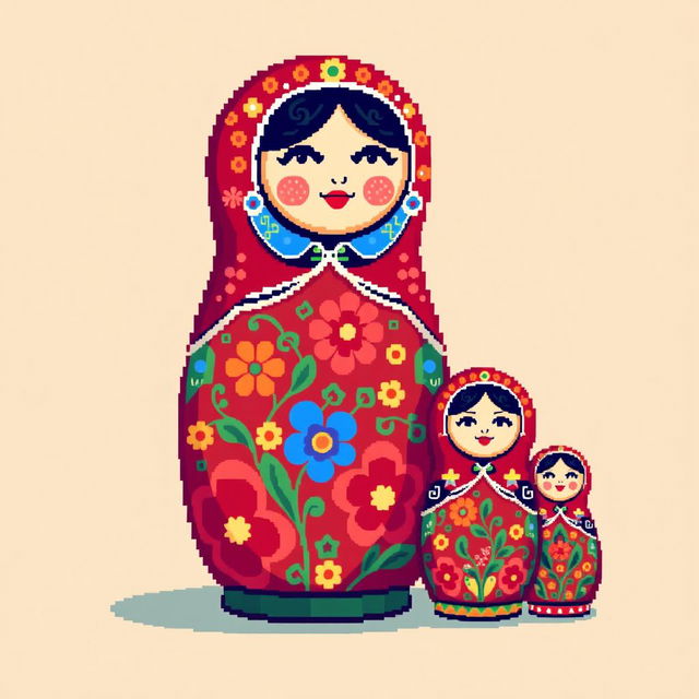 A vibrant pixel art depiction of a traditional Matryoshka Russian doll, showcasing its intricate designs and colors