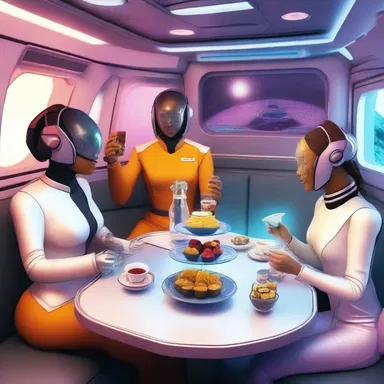 In the year 3021, aboard the intergalactic spaceship, the crew members relaxed during their break, enjoying a virtual afternoon tea experience with holographic tea and futuristic cakes.