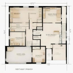 Generate an image of a first floor house plan, featuring a combined living room and bedroom with a focus on the front elevation view.