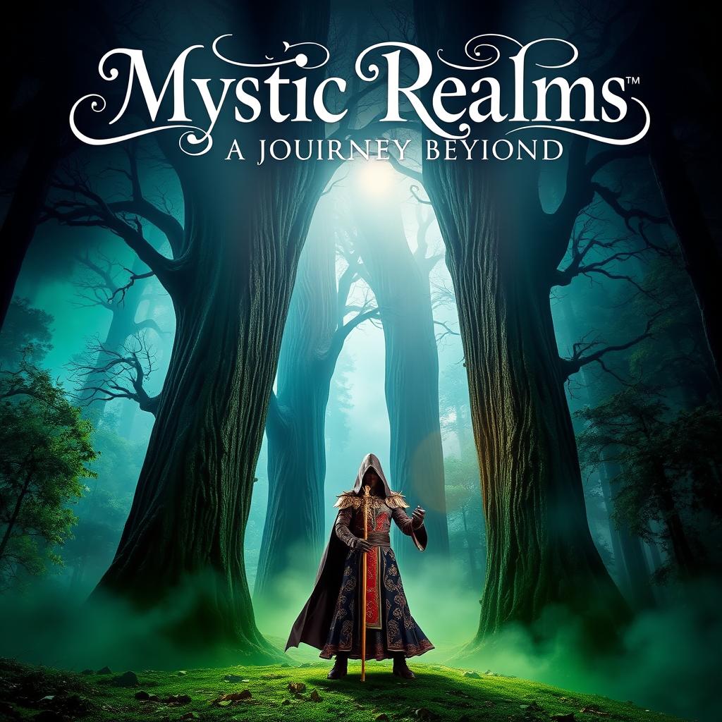 A dramatic and eye-catching theater poster featuring a mystical forest setting as the backdrop, with towering, ancient trees partially veiled in enchanting mist