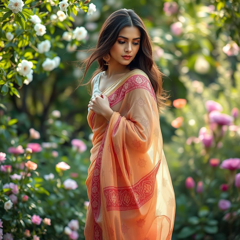 A fashionable woman gracefully draped in a transparent hot saree, showcasing intricate patterns and vibrant colors