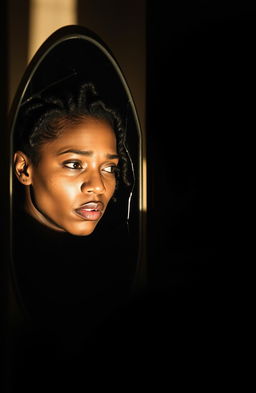 A poignant and emotional scene showing a black woman looking at her reflection in a mirror