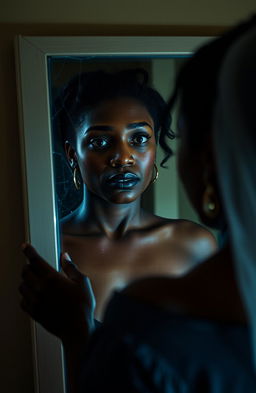 A poignant and emotional scene showing a black woman looking at her reflection in a mirror