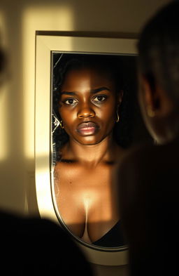 A poignant and emotional scene showing a black woman looking at her reflection in a mirror
