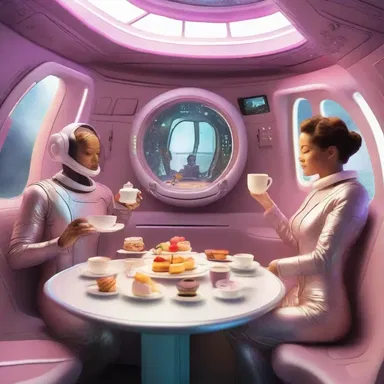 In the year 3021, aboard the intergalactic spaceship, the crew members relaxed during their break, enjoying a virtual afternoon tea experience with holographic tea and futuristic cakes.