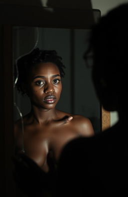 A poignant and emotional scene showing a black woman looking at her reflection in a mirror