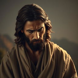 A poignant portrait of Jesus looking deeply disappointed, with a furrowed brow and downcast eyes