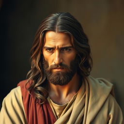 A poignant portrait of Jesus looking deeply disappointed, with a furrowed brow and downcast eyes