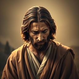 A poignant portrait of Jesus looking deeply disappointed, with a furrowed brow and downcast eyes