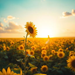 A serene book cover depicting a vast sunflower field glowing under the warm light of a sunrise