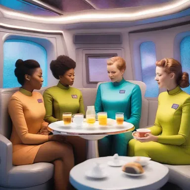 In the year 3021, aboard the intergalactic spaceship, the crew members relaxed during their break, enjoying a virtual afternoon tea experience with holographic tea and futuristic cakes.