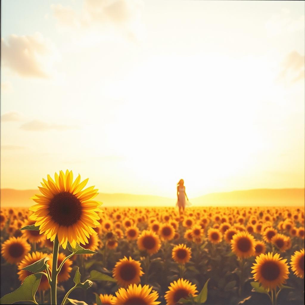 A serene book cover depicting a vast sunflower field glowing under the warm light of a sunrise