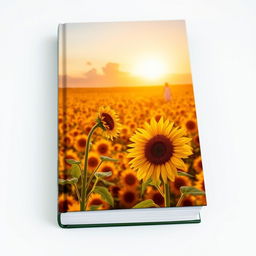 A serene book cover depicting a vast sunflower field glowing under the warm light of a sunrise