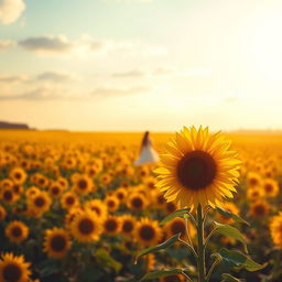 A serene book cover depicting a vast sunflower field glowing under the warm light of a sunrise